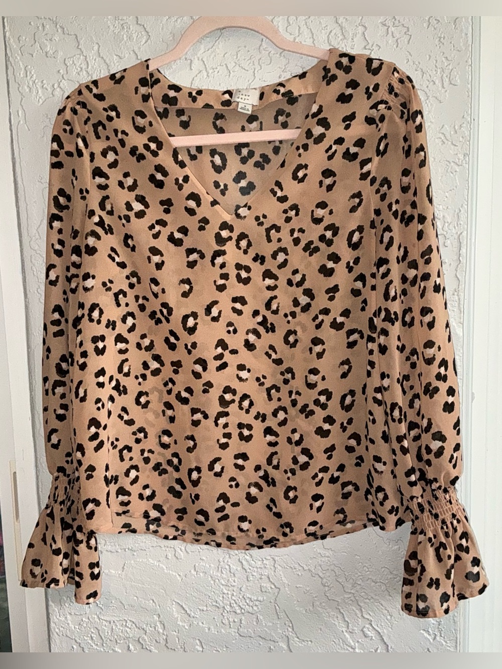 A New Day Tan and Black Leopard Print V-Neck Blouse